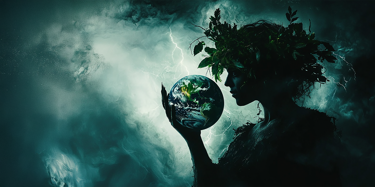 Mother Earth holding a glowing Earth-like globe, set against storm clouds and lightning.